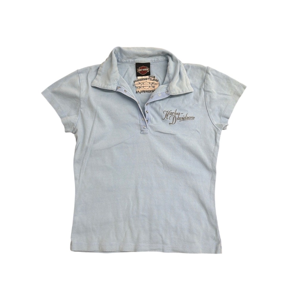 Harley-Davidson Womens Blue Snap Button Polo Shirt Schaeffers Orwigsburg PA Med